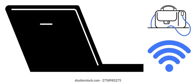 Remote work, internet technology, business communication, digital tools, freelance lifestyle, connectivity. Black laptop with bag icon and wireless symbol. Remote work and internet technology theme