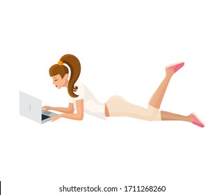 Remote work, job or education from home or distance working or learning girl isolated laying with a laptop computer vector illustration.