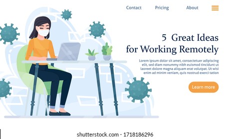 Remote work landing web page. Freelance banner. Working from home office concept. Make money at home, earn in internet design template. Girl wearing medical mask for prevent corona virus Covid-19