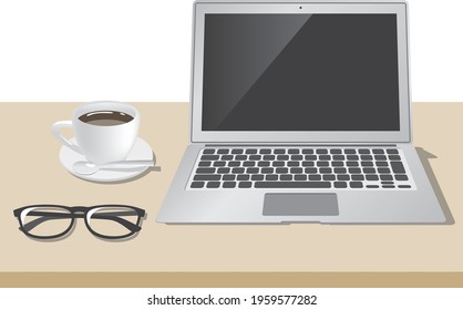 Remote work (laptop, coffee, glasses) Image illustration during break