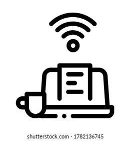 portátil de trabajo remoto y vector de icono de taza de bebida. portátil de trabajo remoto y señal de taza de bebida. ilustración de símbolo de contorno aislado
