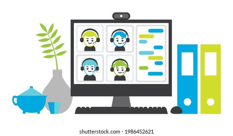 Remote work or learn via video conferencing. Multiple users wearing a headset participating in a video conference call.