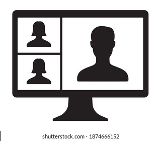 Remote work, remote learning or online video meeting with three mixed gender people flat vector icon for apps and websites