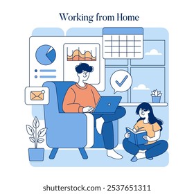 Remote Work Life balance concept. Illustration of a relaxed atmosphere with an individual working on a laptop and another reading. Home office setup and leisure coexistence. Vector illustration.