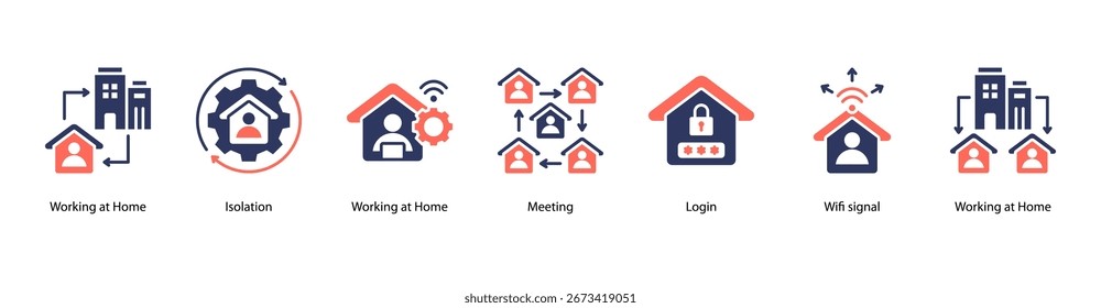 Ilustración vectorial de Anuncio de Web de vida de trabajo remoto con trabajo en el hogar, aislamiento, trabajo en el hogar, reuniones, Inicio de sesión, señal Wifi y trabajo en el hogar.