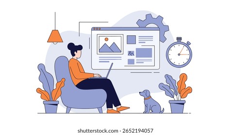 Estilo de vida de trabalho remoto desfrutando da criação de conteúdo digital e da produtividade on-line com um fiel companheiro canino presente