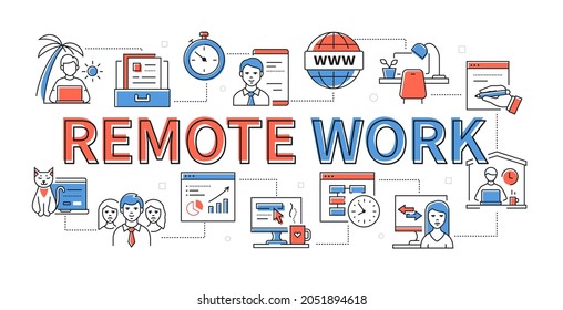 Remote work - line design style modern banner. Compilation dedicated to home office and the convenience of remote communication. Internet job, freelance, free time management and modern life idea