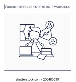 Remote work line icon. Collaboration, communication issues. Inability to fast communicate.Career difficulties concept. Isolated vector illustration. Editable stroke