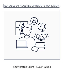 Remote Work Line Icon. Difficult To Build Trust Relationships With Coworkers. Need Real Time Conversation. Career Difficulties Concept. Isolated Vector Illustration. Editable Stroke