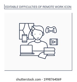 Remote work line icon. Distractions at home.Control entertainment while working. Career difficulties concept. Isolated vector illustration. Editable stroke