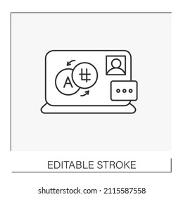  Remote work line icon. Freelance translator on laptop. Freelance concept.Isolated vector illustration. Editable stroke