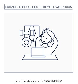 Remote work line icon. Lack of physical activities. Laziness. Tired. Have not time to sport. Career difficulties concept. Isolated vector illustration. Editable stroke