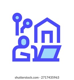 Icono de línea de trabajo remoto, símbolo de contorno para nómada digital, oficina en el hogar, Espacio de trabajo virtual, colaboración en línea y empleo flexible. Icono de signo de Vector.