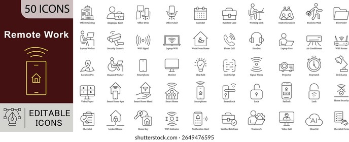 Remote Work Line Icons: Home Office, Online Collaboration and Digital Nomad Vectors