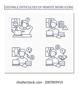 Remote work line icons set. Equipment issues, prioritizing work.Conflict unaddressed longer. Career difficulties concept. Isolated vector illustrations. Editable stroke