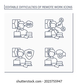 Remote work line icons set. Stayed motivated, loneliness, collaboration. Spontaneous conversations. Distance work troubles. Career difficulties concept. Isolated vector illustrations. Editable stroke