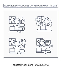 Remote work line icons set. Career advancement, lack of physical activities. Learning and mentorship.Tribal knowledge. Career difficulties concept. Isolated vector illustrations. Editable stroke