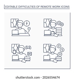 Remote work line icons set. Unplugging after work, overworking, distractions at home, time zone differences. Career difficulties concept. Isolated vector illustrations. Editable stroke