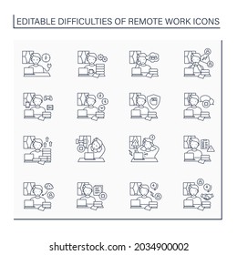 Remote work line icons set. Distance work troubles. Loneliness, unproductivity. Career difficulties concept. Isolated vector illustrations. Editable stroke