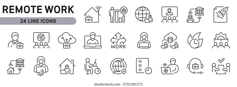 Conjunto de iconos de línea de trabajo remoto que ilustran Telecommute, Reunión, Conferencia, Colaboración, Productividad, Flujo de trabajo, Colaboración