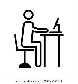 Remote Work. Line Symbol Worker Man at the Desk Designer-Freelancer. Icon in Outline Style From the Set Icons of Coworking and Workplace or Workspace. Custom Vector Pictogram Editable Stroke.