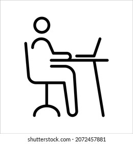 Remote Work. Line Symbol Worker Man at the Desk Designer-Freelancer. Icon in Outline Style From the Set Icons of Coworking and Workplace or Workspace. Custom Vector Pictogram Editable Stroke.