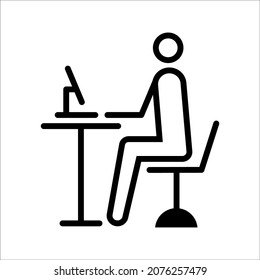 Remote Work. Line Symbol Worker Man at the Desk Designer-Freelancer. Icon in Outline Style From the Set Icons of Coworking and Workplace or Workspace. Custom Vector Pictogram Editable Stroke.