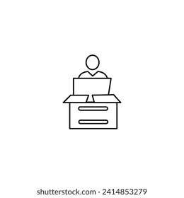 Remote Work. Line Symbol Worker Man at the Desk Designer-Freelancer. Icon in Outline Style From the Set Icons of Coworking and Workplace or Workspace. Custom Vector Pictogram Editable Stroke.