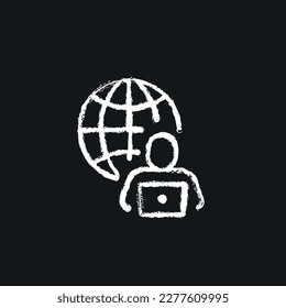 Remote work linear chalk icon. Freelancer with laptop hand drawing effect. Vector isolated black illustration