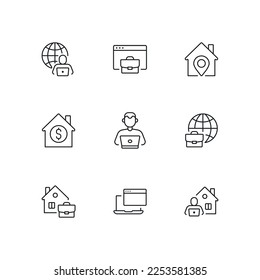 Remote work linear icon set. Freelance. Work from home thin line customizable illustration. Vector isolated outline drawing. Editable stroke