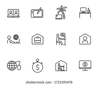 Remote work linear vector icons isolated on white. Work at home because of the covid-19 coronavirus pandemic. Outline icon set for web, mobile apps, ui design. Stay home stay safe