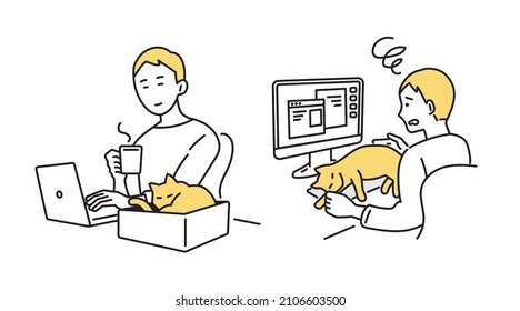 Remote work male business person domestic cat