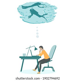 Trabajo a distancia, un hombre que sueña con bucear - vector. Planificación de viajes. Reposo hipotéticamente activo.