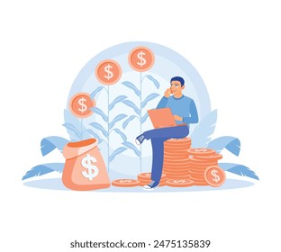 Remote work. A man works using a laptop and receives a call from a client. Earn money concept. Flat vector illustration.