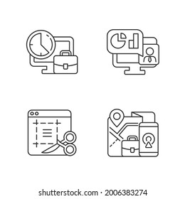 Remote work monitoring linear icons set. Online presentation with marketing strategy. Customizable thin line contour symbols. Isolated vector outline illustrations. Editable stroke