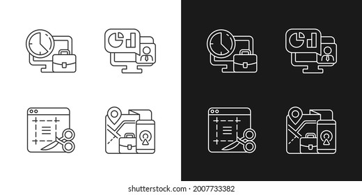 Remote work monitoring linear icons set for dark and light mode. Online presentation with marketing strategy. Customizable thin line symbols. Isolated vector outline illustrations. Editable stroke