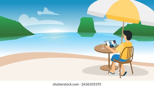 Remote Work on the Beach – Man in Video Call with Tablet Under Umbrella - Powered by Shutterstock - Get 15% off with code: PIKWIZARD15