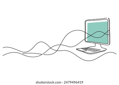 Remote work on computer, doodle continuous line art vector illustration