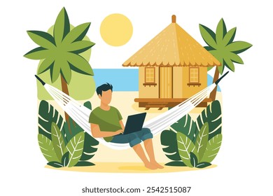 Remote Work on Hammock with Laptop and Beach Hut tropical paradise scene