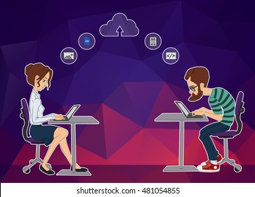 Remote work on project Hackathon. Business man and woman looking at laptop. Remote technology on Hackathon. Cloud backend as a service. Guy and girl sitting and looking at laptop. Businessman looking 