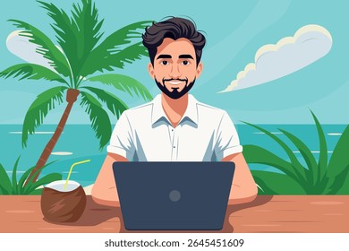 Trabalho remoto em praia tropical. Jovem freelancer com laptop e coco, trabalhando sob a palmeira. Ilustração do estilo de vida do nômade digital. Vetor para temas de viagens e freelances.
