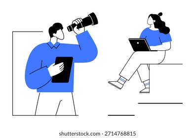 Fernarbeit, Online-Zusammenarbeit, digitale Innovation, Teamarbeit, Forschung, Online-Lernen. Zeichen mit einem Laptop und Teleskop. Remote Work and Online Collaboration Konzept