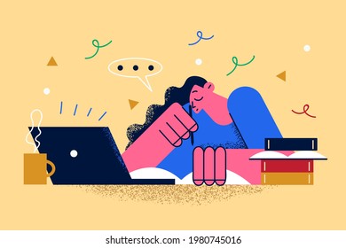 Remote work and online communication concept. Young tired woman cartoon character worker freelancer sitting at laptop and working online communicating with colleague chatting vector illustration