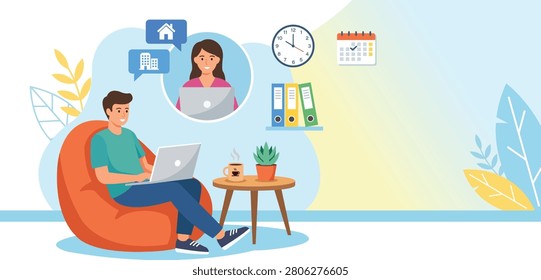 Remote Work And Online Communication Illustration Featuring Professional Working From Home Virtual Meeting Digital Collaboration And Modern Lifestyle Concept