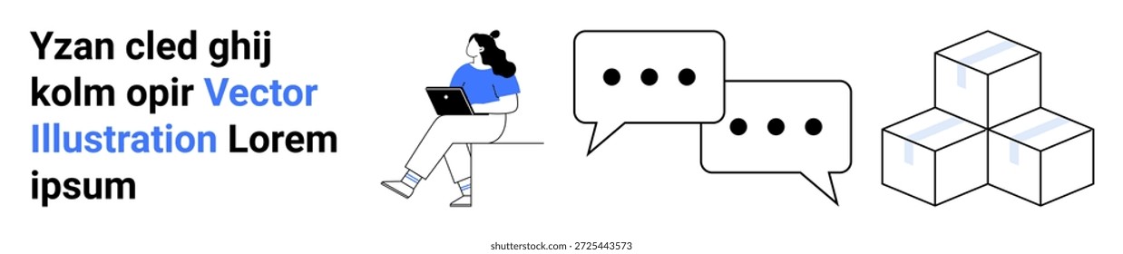 Trabajo remoto, comunicación online, trabajo en equipo, herramientas de colaboración, intercambio de datos, productividad. Persona con un portátil, burbujas de discurso cubos. Conceptos de trabajo remoto y comunicación en línea