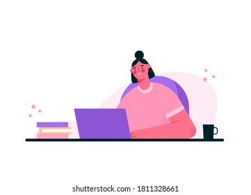 Remote work or online education concept. Woman working at home office, sitting at desk in room, looking at computer screen and talking with colleagues online. Home office. Flat vector illustration.