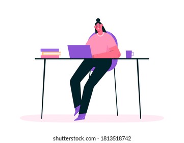 Remote work or online education concept. Woman working at home office, sitting at desk in room, looking at computer screen and talking with colleagues online. Home office. Flat vector illustration.