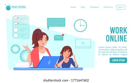 Remote work online from home landing page design. Woman at laptop engaged in distant job conducting video conference. Sad bored daughter sitting near mother. Freelance, working on internet