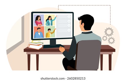 Remote work online. A manager holds an online meeting with colleagues via video call. Flat vector illustration.