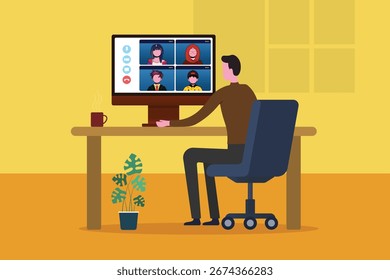 Video Trabajo remoto y reuniones en línea con diseño plano de conferencia